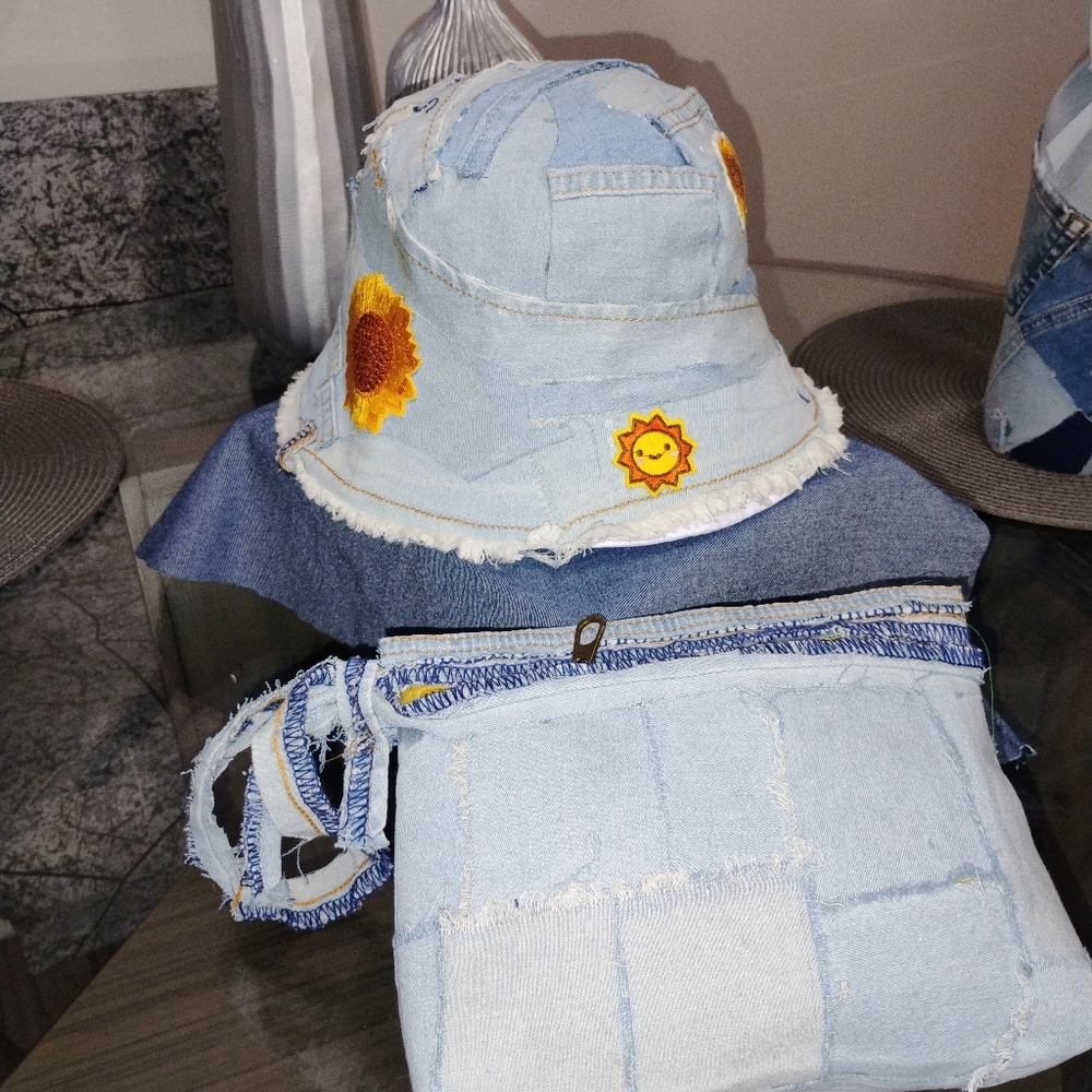 Denim Bucket Hat and Bag Set with Sunflower Patches
